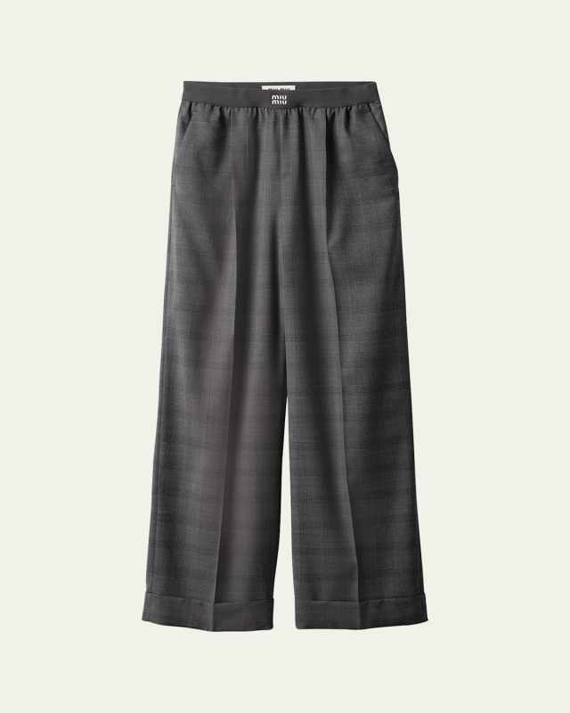 Prince of Wales Wide Leg Wool Trousers with Elastic Waistband